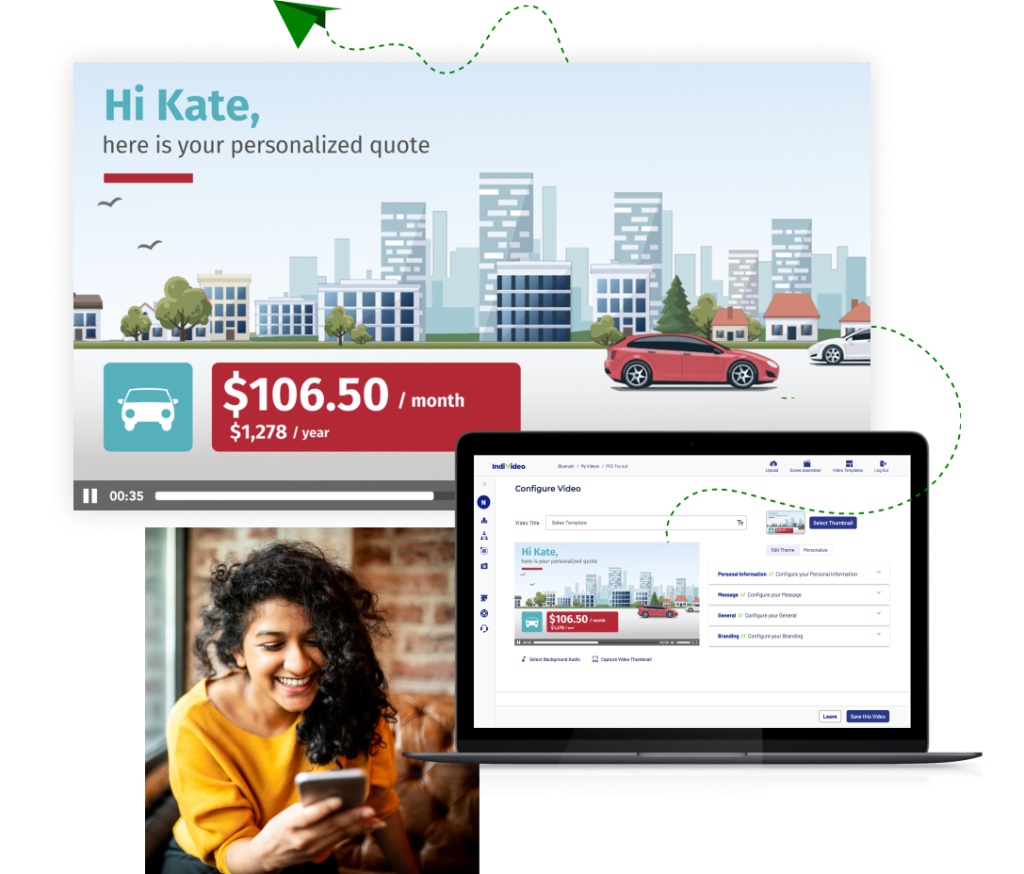Personalized video example A personalized insurance quote displayed on a screen for 'Kate,' showing a rate of $106.50 per month or $1,278 per year. The screen also includes a module for configuring video settings and personal information.